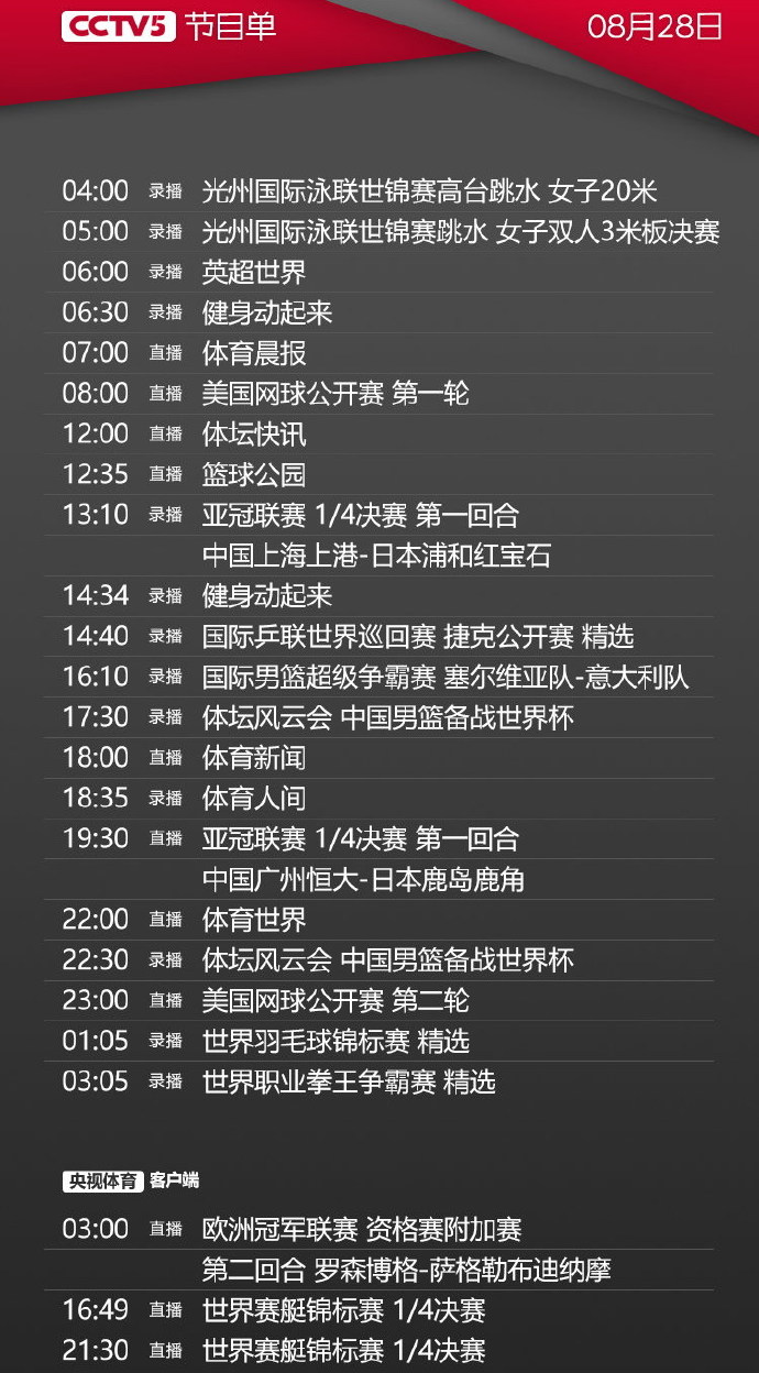 中央CCTV-5今日节目表概览